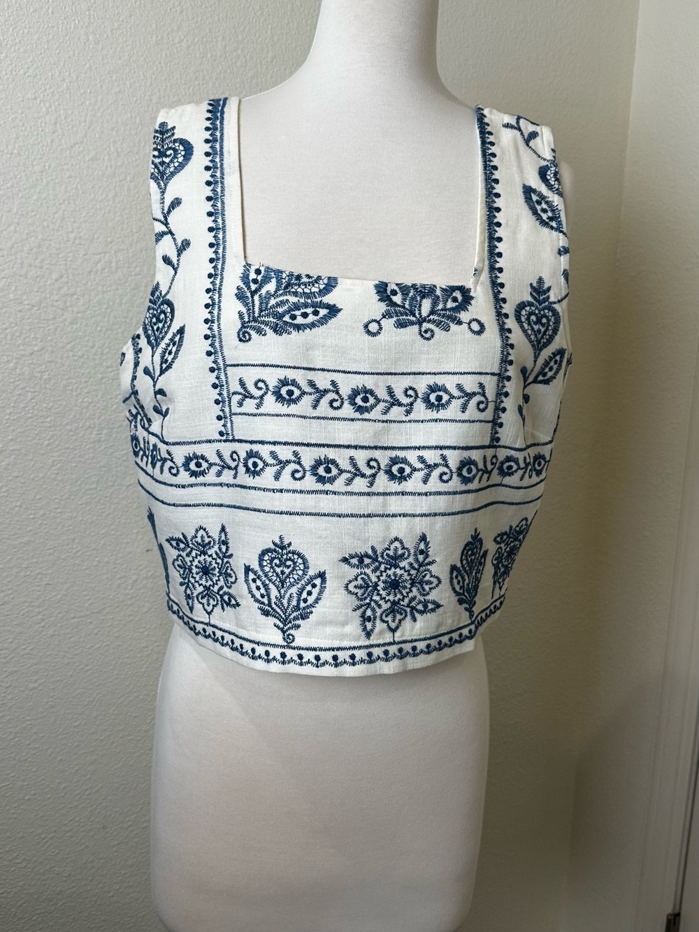 Joie White Crop Top with Blue Folk Embroidery